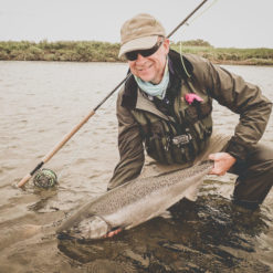 In late July, many of our guests like to pursue the Salmon Grand Slam – all five species of Pacific salmon, all on flies, all on the same day