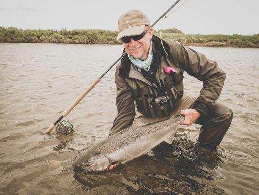 In late July, many of our guests like to pursue the Salmon Grand Slam – all five species of Pacific salmon, all on flies, all on the same day